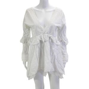 Allina Liu Women Wrap Dress White V-Neck Long Sleeve Cotton Short Size S